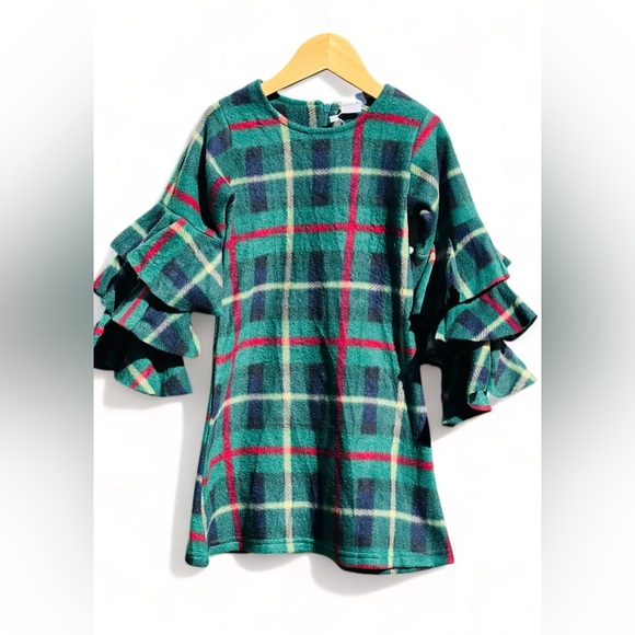 Mia Belle Girls Under the Mistletoe Tiered Sleeve Miya Dress in green plaid - Picture 2 of 13